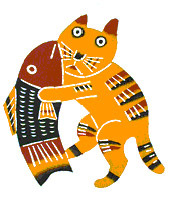 染絵(大)　i-1　魚と踊る猫